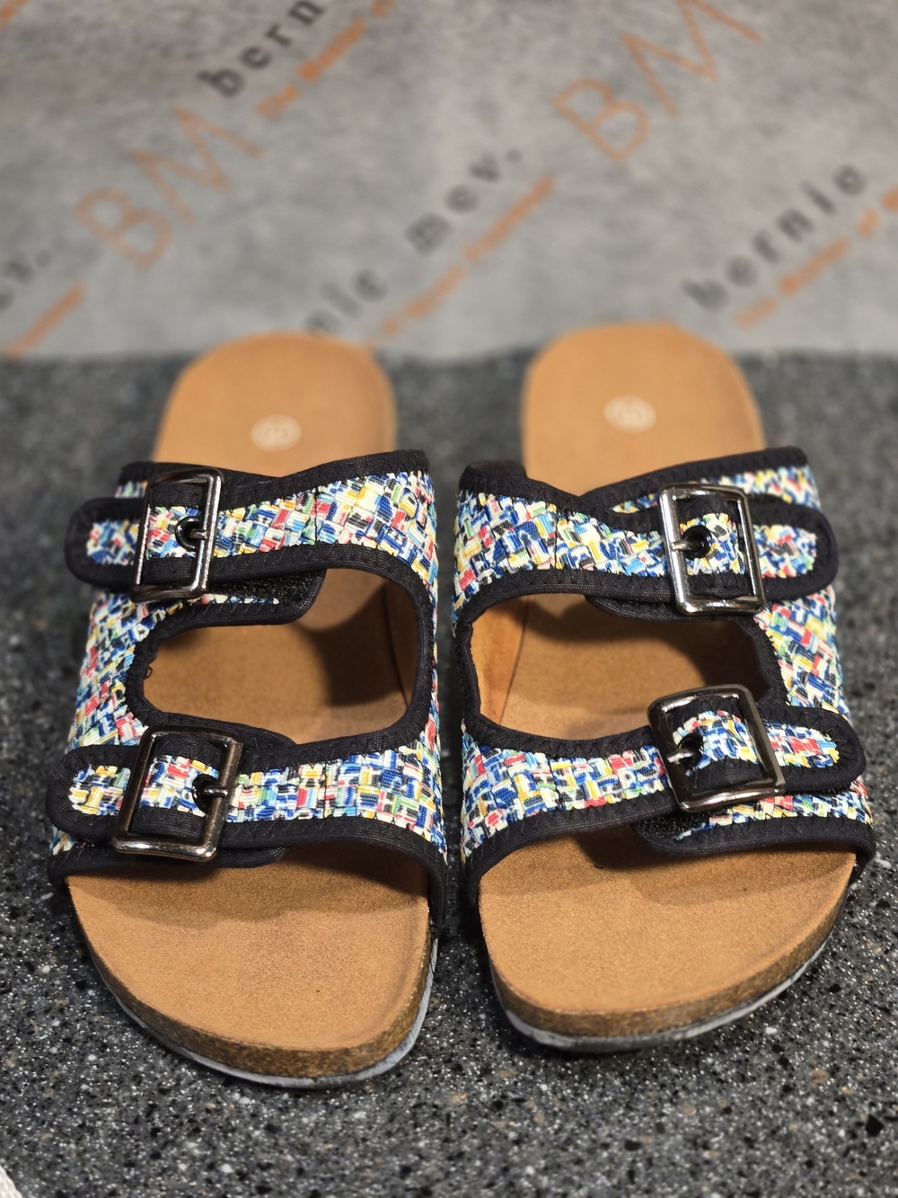 bernie mev. Tan Suede Footbed Slide Sandals with Woven Upper On Pixel Colorway